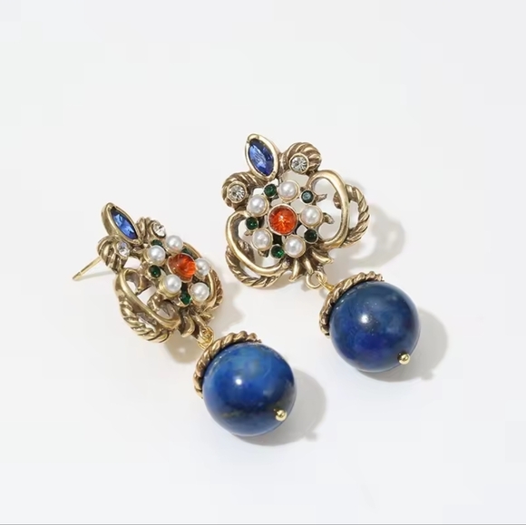 Vintage Blue and Gold Drop Earrings - Picture 7 of 8